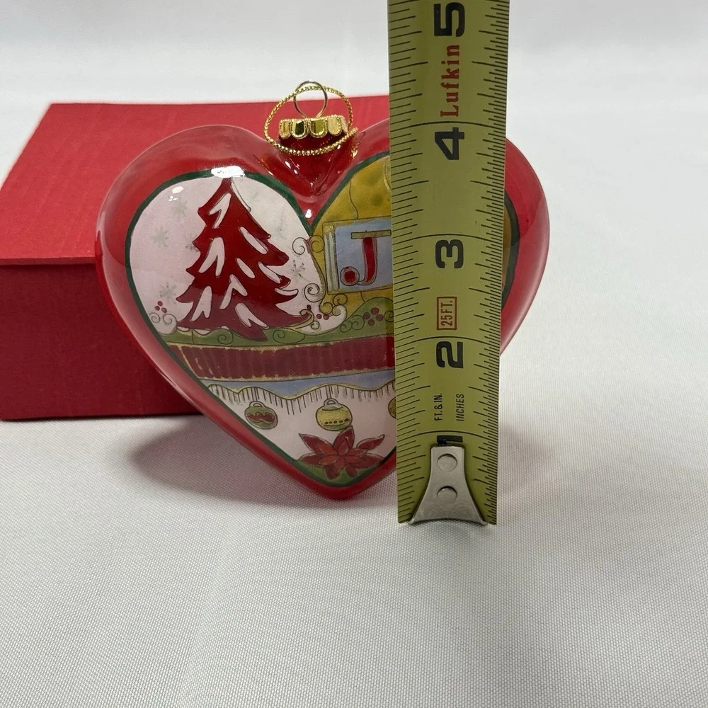 2008 Pier 1 Imports Heart Glass Christmas‎ Ornament Red NOEL Hand Painted Floral